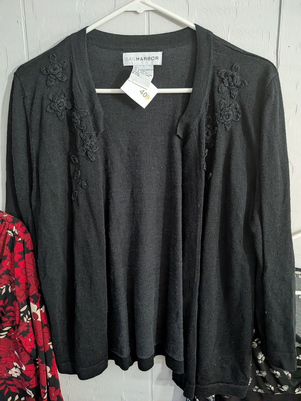 Sag Harbor Black Open-Front Cardigan with Floral Appliqué